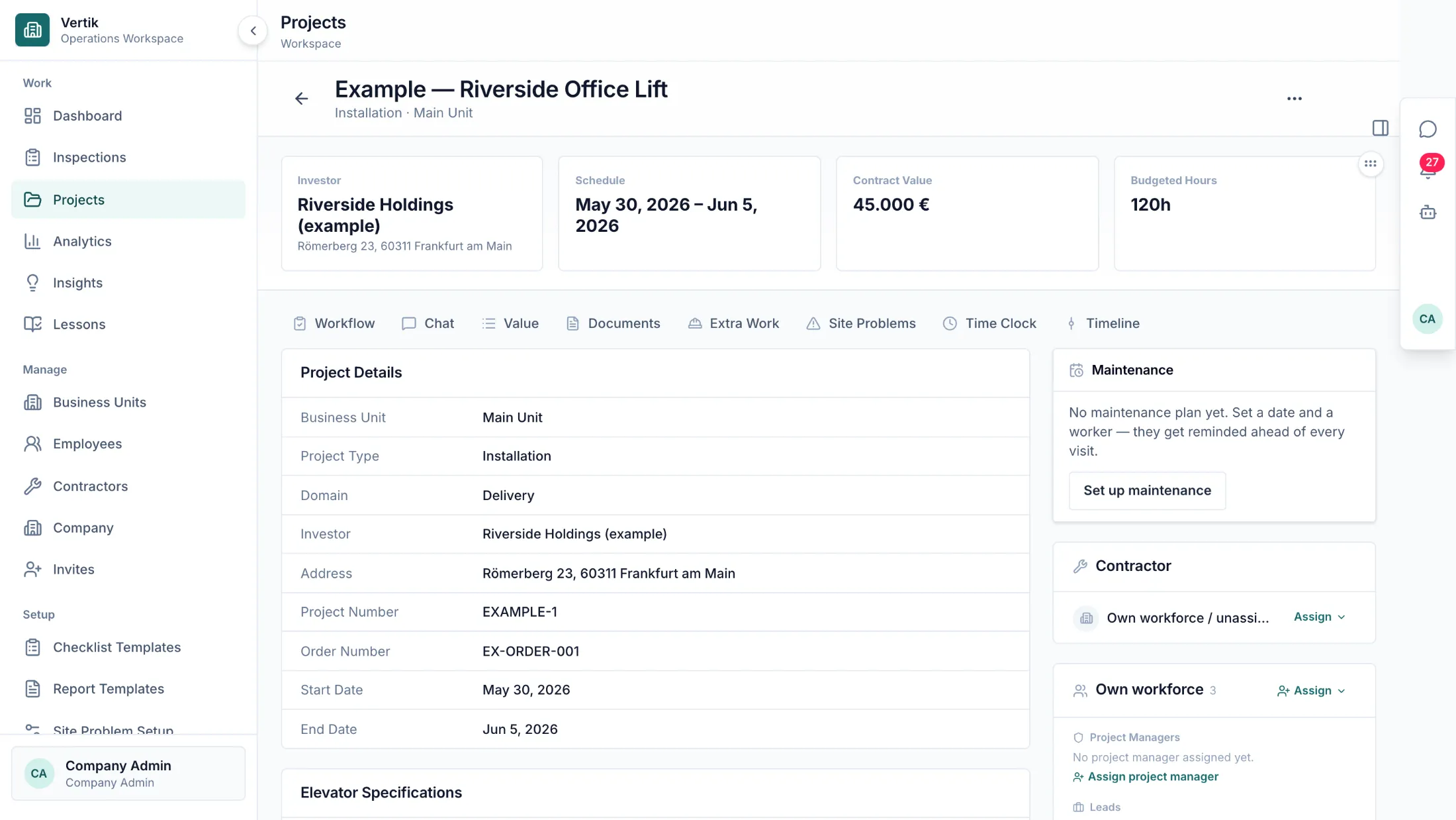 A project in Vertik showing schedule, contract value, budgeted hours and lift specification.